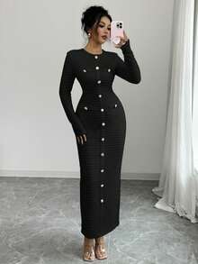 2025新款女士纯色优雅针织面料连衣裙，适合办公室日常穿着、居家晚宴约会、假日春秋穿着，黑色 - 黑色 - 查看 5