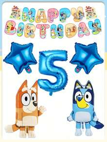 Bluey主题卡通生日派对用品铝膜气球套装横幅横幅气球，小狗生日派对装饰套装横幅横幅气球节日装饰用品，橙色挥手狗和蓝色站立狗，配18英寸蓝色星星，适合生日周年派对装饰 - 彩色 - 查看 6