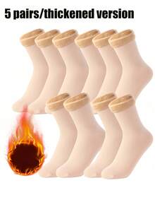 5 Pairs Of Solid Plush Lined Crew Socks, Simple Warm Unisex Snow Tube Socks, Suitable For Autumn And Winter, Women's Stockings And Socks, Fall