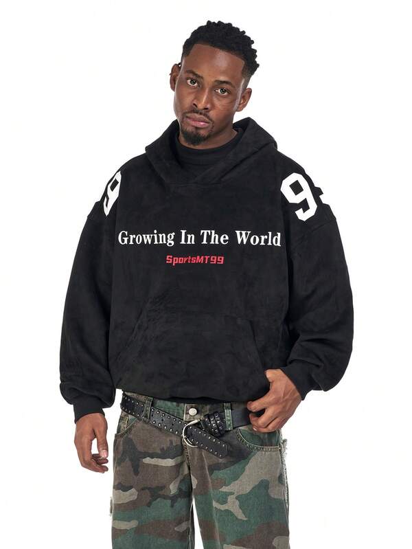 MT99 MT99 American Street Style Hoodie, Black, Letter Print, Heavy Fleece, Brand Couple Pullover Sweatshirt