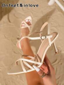 On feet& in love 女士时尚优雅细带交叉高跟凉鞋，适合夏季搭配连衣裙 - 杏色 - 查看 1