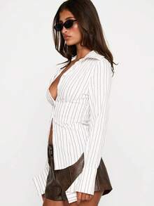 Y2K Button Down Shirts For Women Casual Long Sleeve Slim Fit Ruched Work Blouse Tops Going Out Crop Tops - trắng - Xem 3