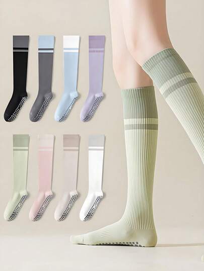 1 Pair/4 Pairs Long Striped Double Bar Non-Slip Yoga Socks For Women, Home, Gym, Pilates, Yoga, Sports Compression Socks With Silicone Dot Anti-Slip Design On Bottom, Fashionable Candy Colors