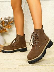 Women's Fashion Versatile Solid Color Western Style Lace-Up Metal Eyelet Casual PU Leather Flat Ankle Boots, Comfortable Warm Slip-On Plus Size Outdoor Short Boots - Brown - View 4