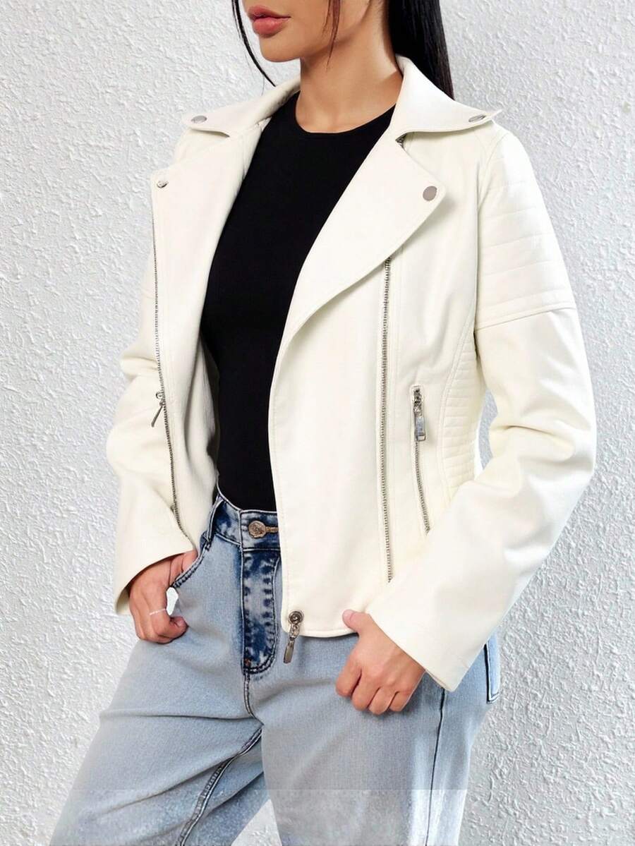 Chaqueta de cuero sintético estilo motera, diseño con cinturón y múltiples cierres, tejido estructurado y con textura, audaz, moderna y versátil. - Blanco - Ver 1