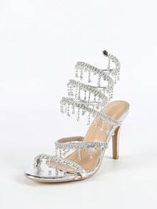 Women's Stiletto High Heel Sandals, Round Toe Fashion Strap With Rhinestone Snake Wrap Design, Minimalist Basic Style For Summer & Autumn - Silver - View 16