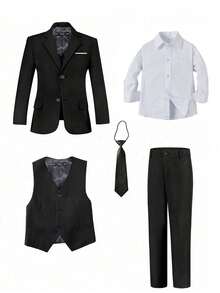 Boys Suits 5-Pieces Suit Set Toddler Tuxedos Dresswear Ring Bearer Outfit Wedding Blazer Vest Pants Shirts Tie Formal Suits For Kids Black Size 3-10Y