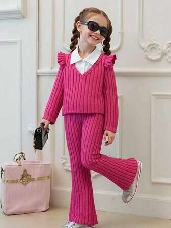 2 Stücke/Set Kleine Mädchen Mode Lässig 2 in 1 gestreifter Langarm Polokragen Pullover kombiniert mit einfarbiger Hose mit elastischem Bund, geeignet für Alltag, Zuhause, Outdoor Tragen, Frühling/Herbst