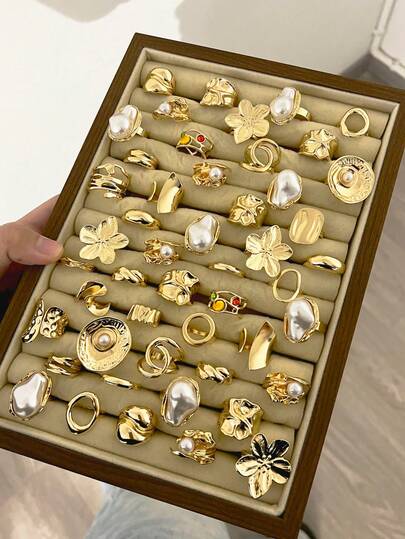 26/6件套复古优雅不对称花朵与几何流线设计开口戒指套装，不对称仿珍珠镶嵌，锤纹宽金属戒圈，闪亮金属光泽，适合日常佩戴、派对、女士礼物