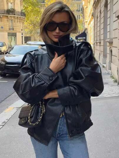  Women Stand Collar PU Leather Jacket Lady Chic Outwears Full Sleeve Coat Fashion Casual Zipper Outwear Autumn Winter