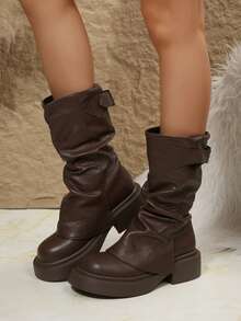 法式西部风格厚底圆头叠跟中筒女靴，复古靴筒，厚底骑马靴，冬季新款小众时尚 - 棕色 - 查看 8