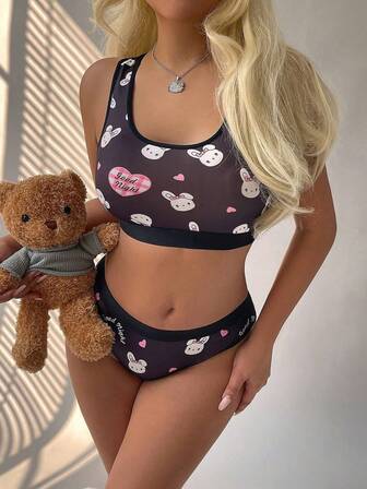 Sanrio 2pcs Cute Rabbit Print Women's Camisole Crop Top + Elastic Waist Triangle Panty Set