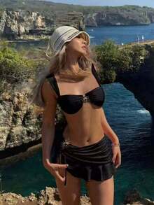 Conjunto de bikini de 3 piezas de unicolor, diseño de tirantes anchos con aros para un soporte cómodo, creando un estilo de playa de moda, perfecto para la playa y fiestas en la piscina en verano