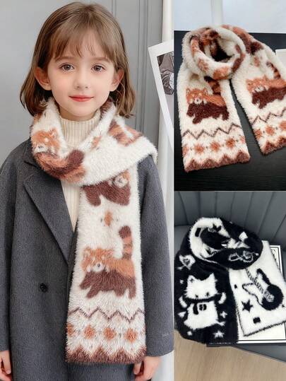 1 pièce Écharpe super douce en peluche avec motif de raton laveur et de note de musique, convient pour le port quotidien, l'école, l'extérieur, les fêtes, les cadeaux, les séances photo, accessoire mode et doux pour enfants (couleur aléatoire)