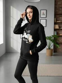Sudadera con capucha informal con estampado de gatito de talla grande para mujer, para uso diario en casa, estilo deportivo sencillo. - Negro - Ver 14