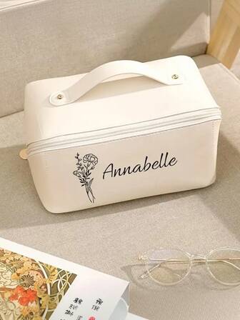 Julklapp, Personlig Månadsnäsduk - Anpassat Namn Och Blommönster, Bärbar Resnäsduk med Stor Kapacitet, Mjuk Sminkväska För Damer, Beige & Svart Blommönster, Sminkväska, Månadstema Design, Elegant Typsnitt, Nyårsglamour