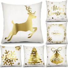 Tatuo 6 Fundas de Almohada Navideñas para Decoraciones Navideñas, Fundas de Almohada para Sofá, Navidad, Oficina, Dormitorio (Tan, 18 x 18 pulgadas) - Gris, Dorado - Ver 3