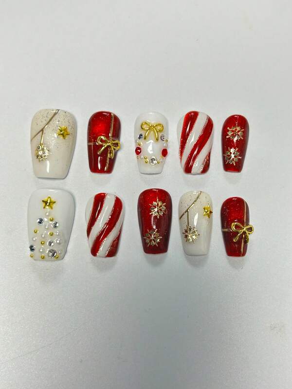 10 Stück rote Sarg-förmige Katzenaugen-Klebe-Weihnachts-Nägel, handgefertigt mit 3D-Kristall- & Perlen-Kranz-Muster, süße Weihnachtsbaum-, Schneeflocken- & rote Katzenaugen-Linien Acrylnägel, Aufklebe-Nägel, abnehmbar, wiederverwendbare künstliche Falschnägel, zeigen sanfte und elegante Ausstrahlung, sehr geeignet für Mädchen und Frauen zum Tragen in der Wintersaison
