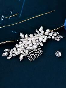 1pc Elegant & Delicate White Faux Pearl Bride Hair Comb Headpiece, Alloy Leaf Wedding Hair Accessory, Suitable For Wedding, Party, Christmas Gift