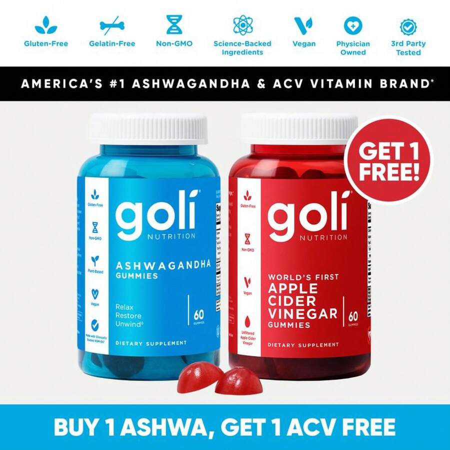 Goli Nutrition 2 Bottles Of Goli Top Sellers: 1 Bottle Of Ashwagandha + 1 Bottle Apple Cider Vinegar Gummies Vitamins. Gelatin-Free, Gluten-Free, Vegan & Non-GMO - 2 chai Goli bán chạy nhất: 1 Ashwa & 1 ACV - Xem 1