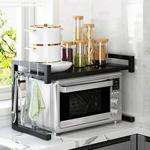 1pc Expandable Stainless Steel Microwave Rack With Shelf, Countertop Kitchen Storage Rack, Metal Kitchenware Organizer, Suitable For Toaster, Air Fryer, Rice Cooker And Other Vertical Countertop Appliances. Space-Saving And Easy To Install - Black - View 10