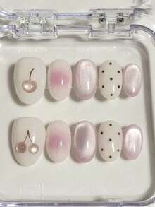 10pcs Pink Cherry Cute Nail Short Oval Gradient Pink Girl Heart Wave Point Nail Art Minimalist Style Handmade Wearing Nail Suitable For Girls' Daily Wear Use Pressing Nail Fake Flakes Nails Nail Supplies - Pink - View 2