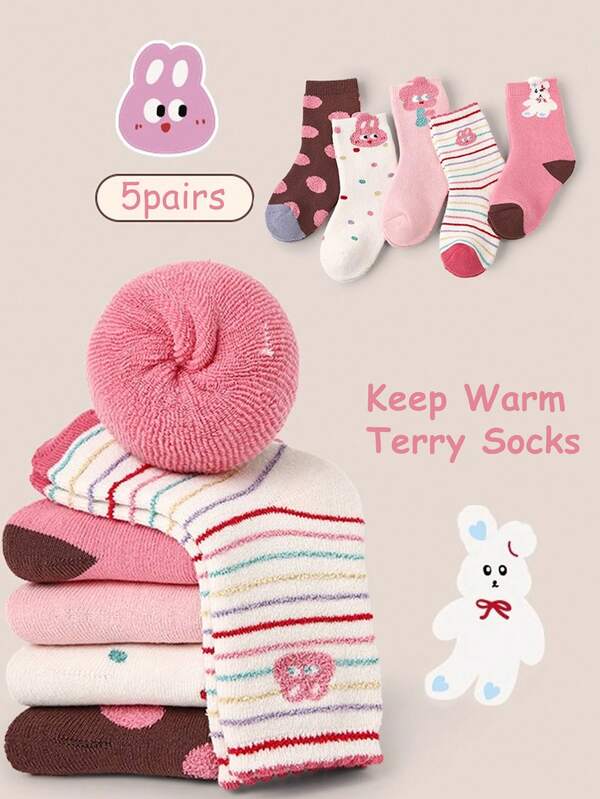5 Pairs Girls Cute Cartoon Rabbit Print Warm Socks (3-12 Years Old) - Suitable For Girls In Autumn And Winter, Thick, Warm, Comfortable And Soft, Simple And Versatile, Suitable For Daily And Outdoor Wear