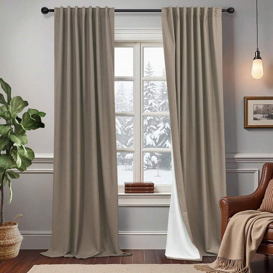 Cream Linen Blackout Curtains 84 Inch Long 2 Panel Set, Thermal Insulated Light Blocking, Neutral Rustic Farmhouse Style, Ivory White, 2025 - 棕色 - 查看 1