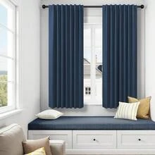 Cream Linen Blackout Curtains 84 Inch Long 2 Panel Set, Thermal Insulated Light Blocking, Neutral Rustic Farmhouse Style, Ivory White, 2025 - Navy Blue - View 2