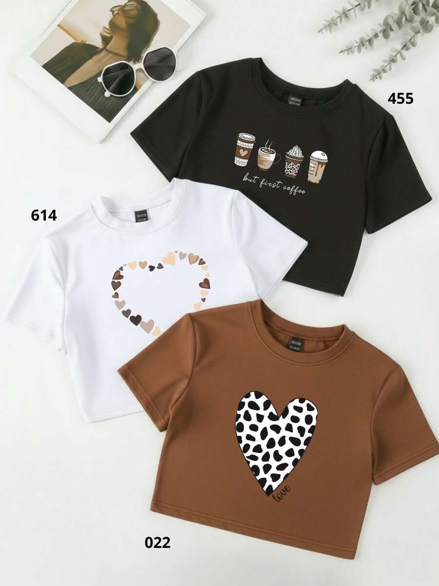 Set Of 3 Women's Cropped Tops With BUT FIRST COFFEE/ HEART TIE/ DALMATIAN HEART Print. 100% Cotton Blouse. Spring New Arrival 2025 - BUT FIRST COFFEE/ HEARTLINK/ DALMATIC HEART - View 1