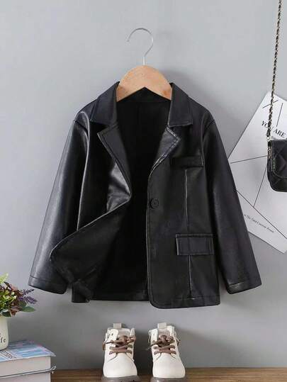 4-7 Years Old Girls Autumn New Jacket, Lapel Fake Pocket PU Leather Long Sleeve Cool Jacket Coat, Suitable For Outings, Parties, And Daily Wear