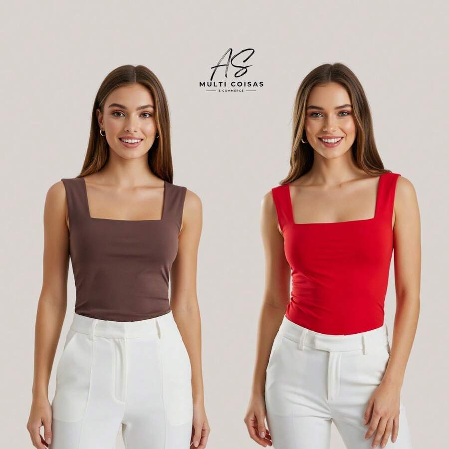 Set Of 2 Basic Tank Tops With Square Neckline. - MARRÓN/ROJO - Ver 1