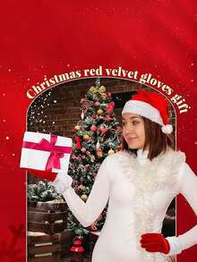 2只装圣诞天鹅绒手套，圣诞老人服装手套，带白色毛绒袖口，腕长手套，圣诞连指手套，圣诞老人