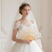 NEW-Lace Hand Fan Non-Foldable Vintage Bridal Handheld Fans With Rhinestone And Embroidered For Wedding Decoration Dancing Party (Gold) - 白色 - 查看 8