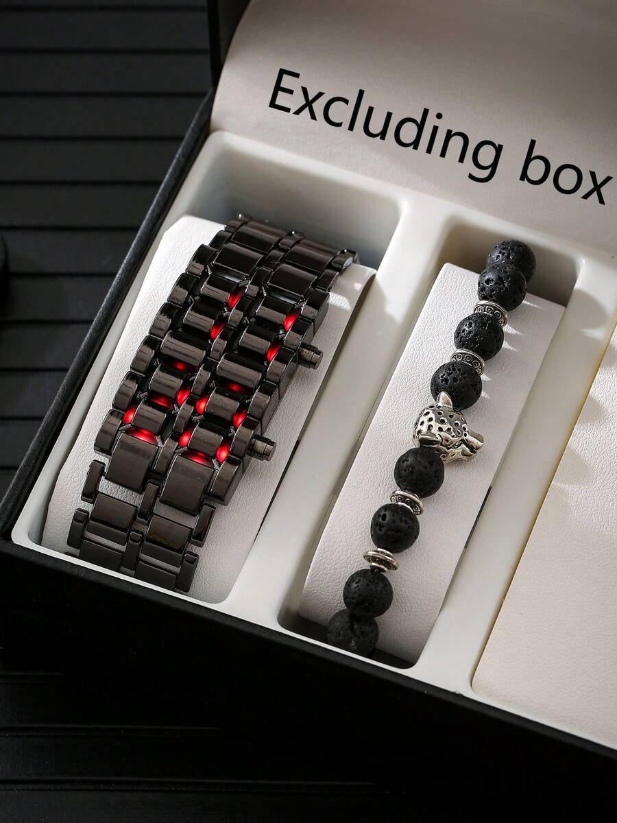 1 pieza Reloj electrónico LED con correa de acero inoxidable, de moda y nuevo, adecuado para decoración diaria de hombres de negocios - Negro - Ver 1