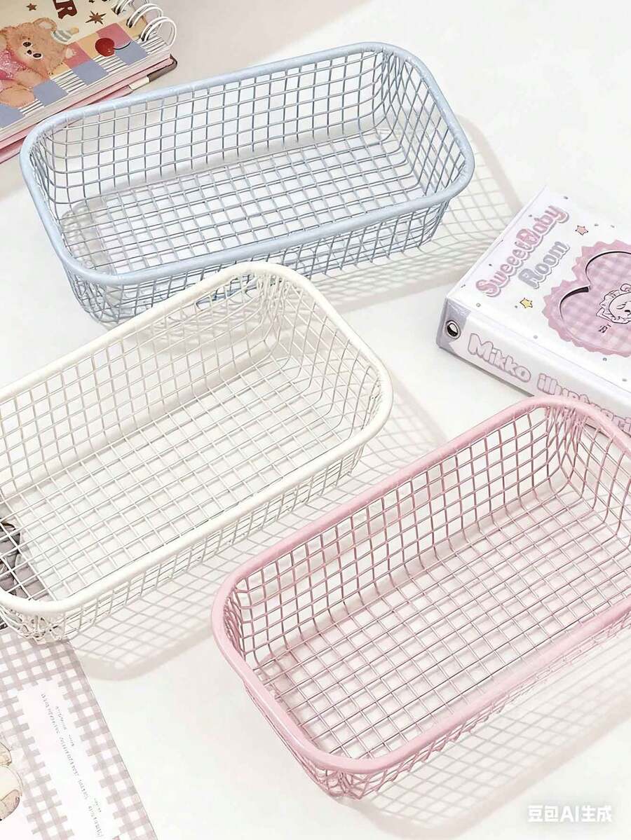 Beige Desktop Organizer Basket, Student/Office Stationery Storage Box, Iron Art Sorting Container, Small Cute Cartoon Style Storage Basket, Photography Prop - Multicolor - View 1
