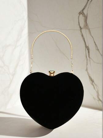 黑色心形女士手拿包，金色金属亮片和水钻，爱心礼物，适合送给女友/妻子参加晚宴，配有肩链，节日斜挎包