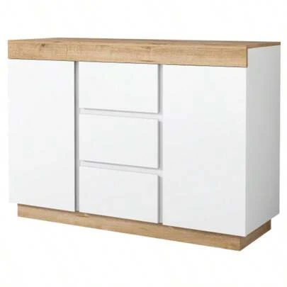 Chest Of Drawers With 3 Drawers And 2 Doors, Locker, Storage Function, For Bedroom And Living Room, E1 Chipboard, White+Oak