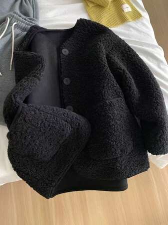 Plus Size Women Black Teddy Faux Fur Button Front Long Sleeve Cardigan Jacket, Fashionable Outerwear With Slight Stretch