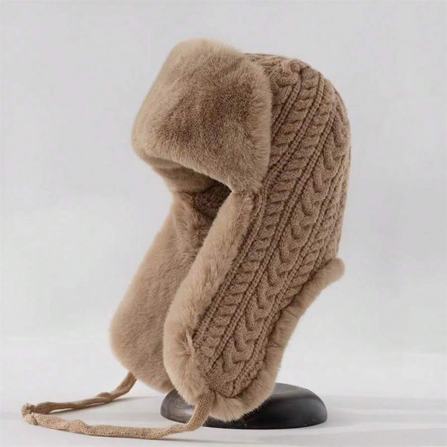 Cable Knit Fur Lined Trapper Hat For Women Men Warm Winter Cap With Ear Flaps Cold Weather Russian Hat - Màu Khaki - Xem 1