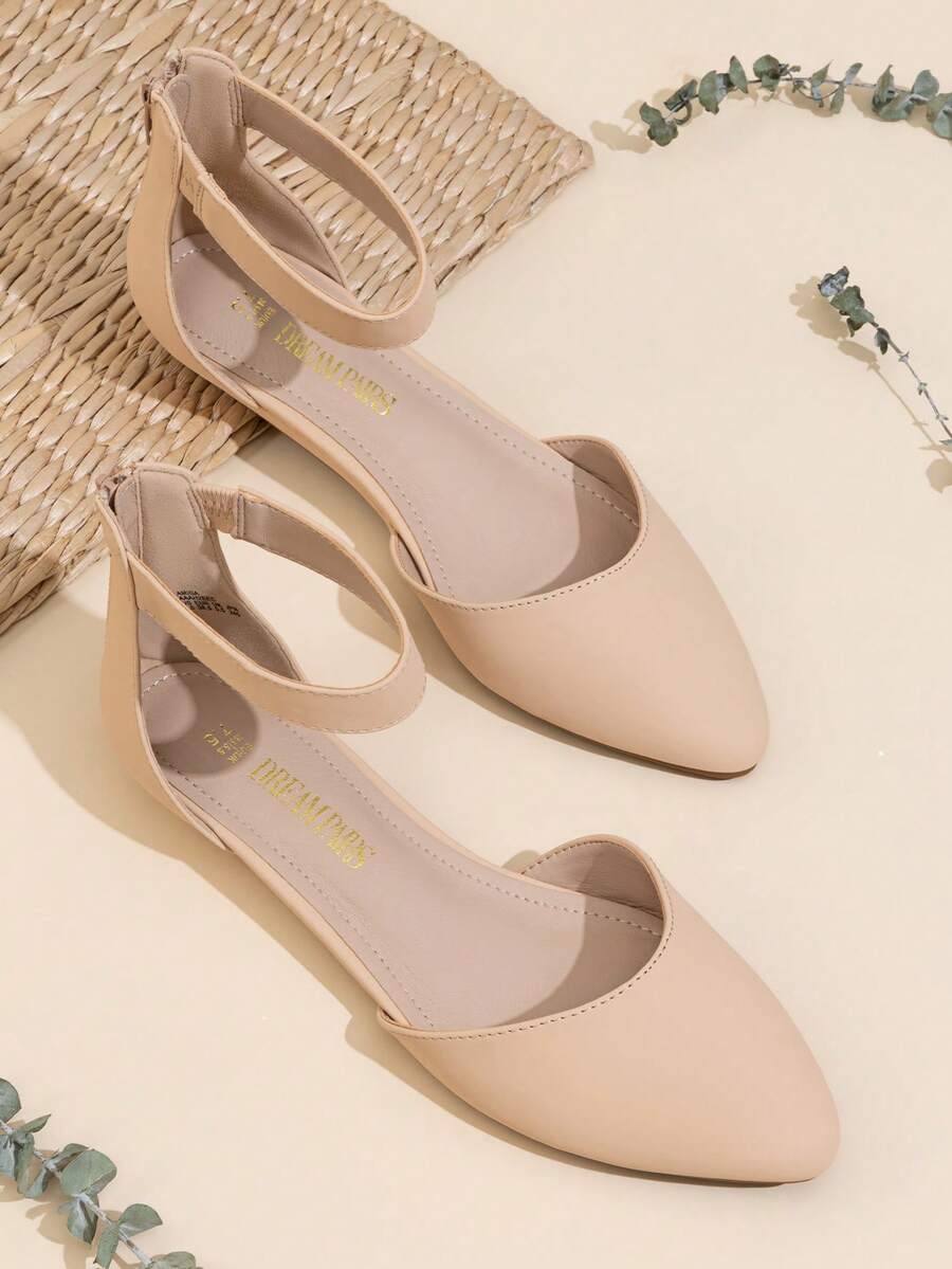 Women Flats Ankle Strap Pointed Toe 1-Inch Low Wedge Heel Flats Fashion Classic Dress Shoes For Wedding Daily Commute - 杏色 - 查看 1