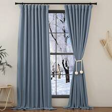 2025  Bedroom Curtains 2 Panels Sets Faux Linen Textured, Pinch Pleated Room Darkening Light/Heat Blocking Window Drapes Thermal Insulated For Living Room, Angora, W50 X L108, 2 Panels - 霧藍色 - 查看 1