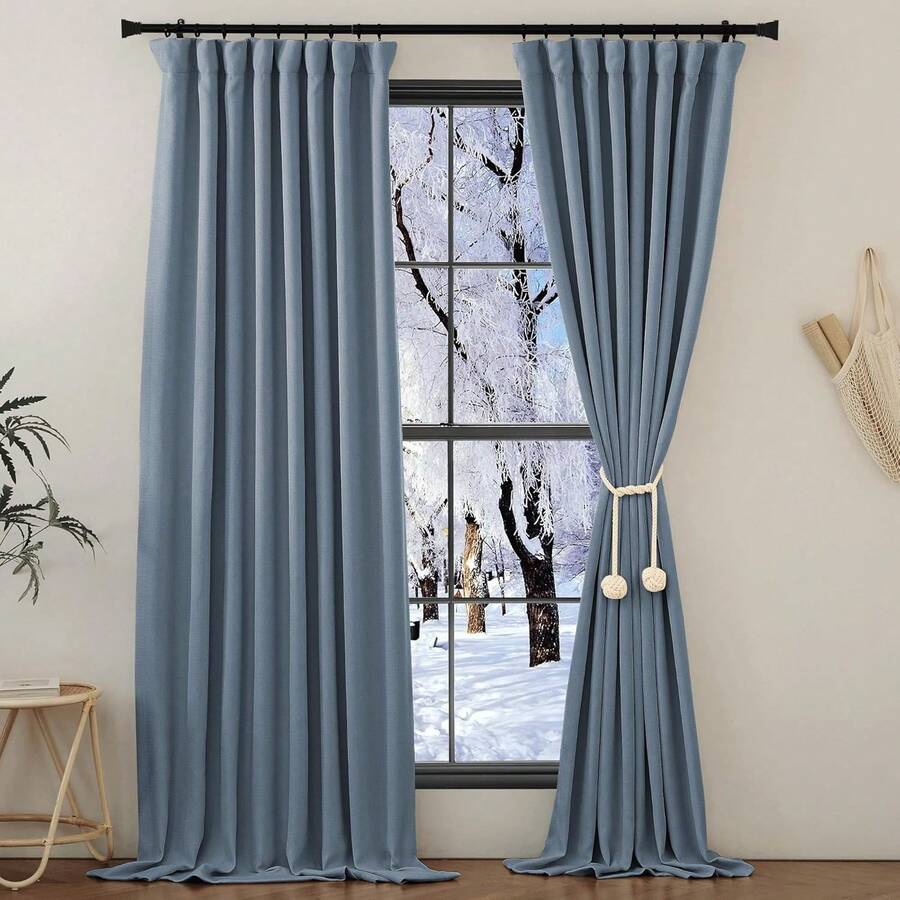 2025 Bedroom Curtains 2 Panels Sets Faux Linen Textured, Pinch Pleated Room Darkening Light/Heat Blocking Window Drapes Thermal Insulated For Living Room, Angora, W50 X L108, 2 Panels - 霧藍色 - 查看 1
