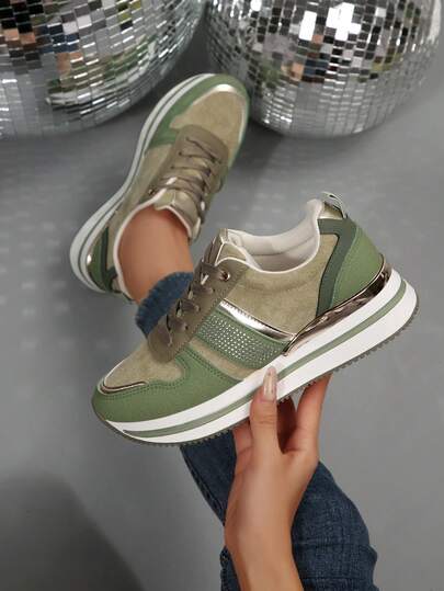 时尚水钻拼接女士厚底休闲鞋，金属鞋眼系带厚底运动鞋，轻便休闲橄榄绿铆钉设计运动鞋