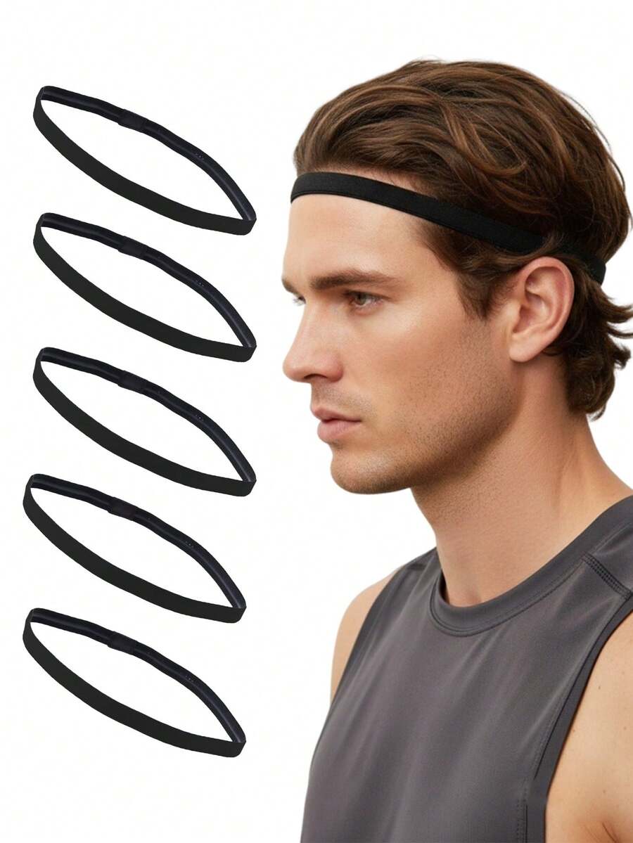 5 pièces Bandeaux fins élastiques noirs pour hommes, bandeaux de sport polyvalents et décontractés, absorbants de sueur, respirants et antidérapants, cadeaux unisexes - Noir - Voir 1