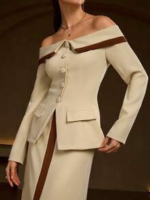 Women's Fall/Winter Elegant Fashion Lapel/One-Shoulder Color-Blocking Coat With Fitted H-Shaped Color-Blocking Midi Skirt Suit - Apricot - View 5