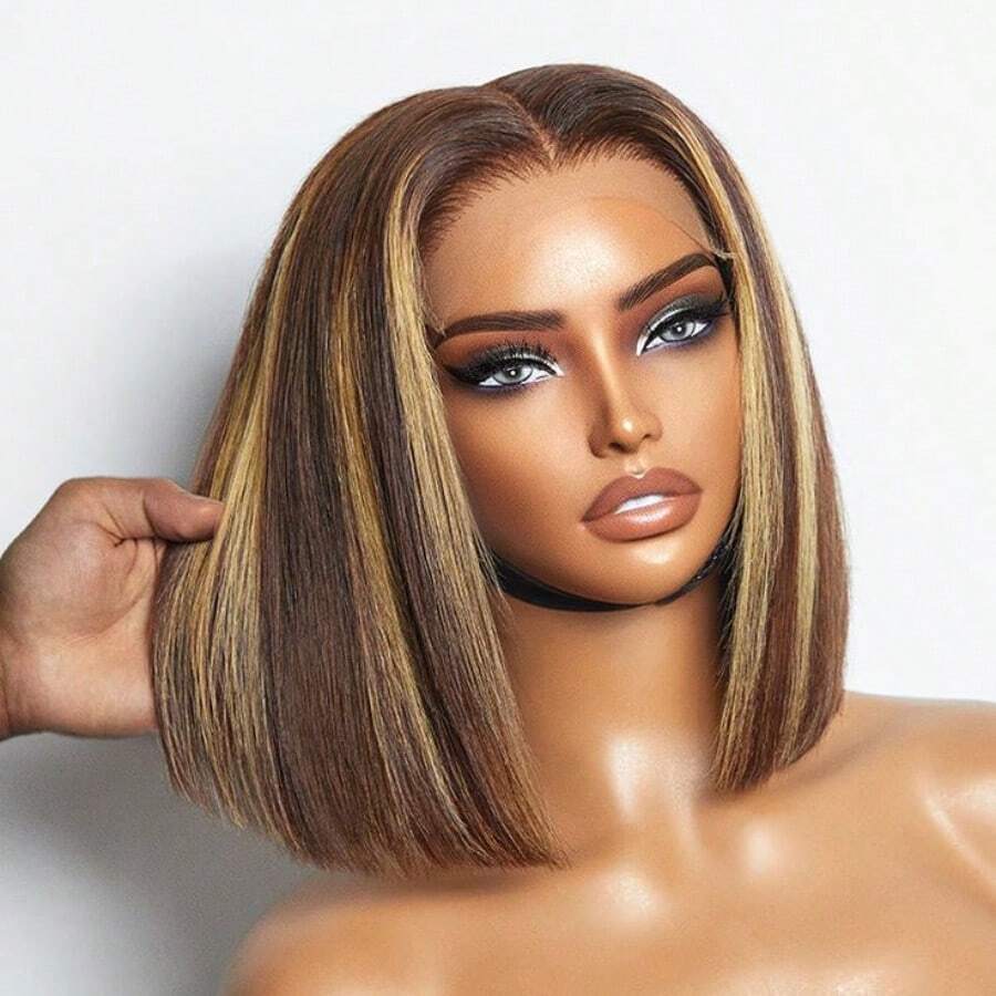 Bob Wig Human Hair Highlight Ombre 13x4 Lace Front Wigs 4/27 Honey Blonde Glueless Wigs Human Hair Pre Plucked With Baby Hair 180 Density Short Bob Wigs For Women Human Hair