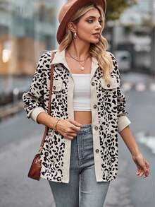 Leopard Print Shirt Jacket For Women, Button Down Long Sleeve Blouse Coat, Fall Clothes For Women, Winter Clothes For Women, Vestidos Elegantes De Mujer, Halloween & Christmas Party Outfits, Holiday Fashion Christmas Gifts Basics Christmas Clothes - Màu be - Xem 3