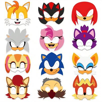 Sega 12个索尼克官方授权3D立体独特索尼克角色扮演面具 万圣节面具 Cosplay服装面具 刺猬派对面具 12个不同款式的纸质面具，含索尼克主题生日派对用品