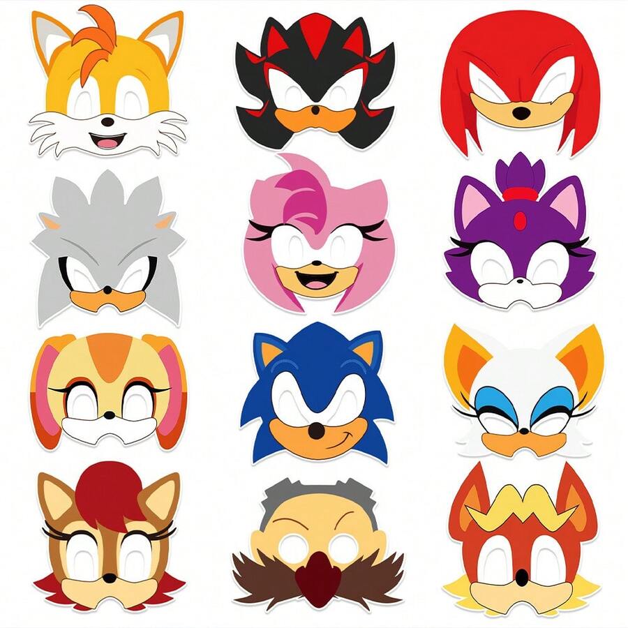 Sega 12个索尼克官方授权3D立体独特索尼克角色扮演面具 万圣节面具 Cosplay服装面具 刺猬派对面具 12个不同款式的纸质面具，含索尼克主题生日派对用品